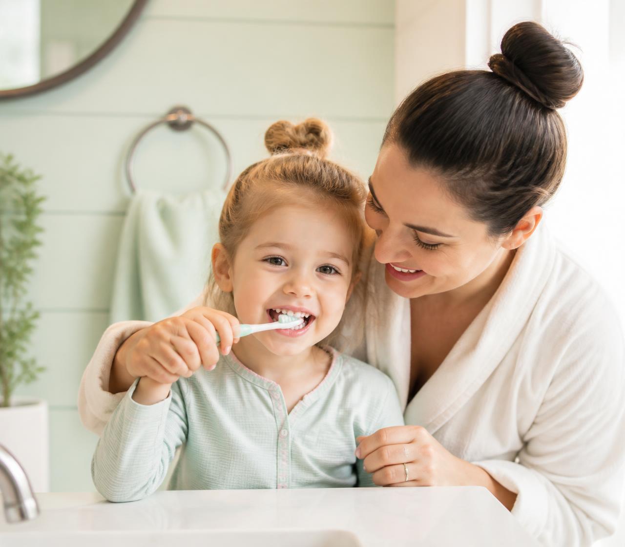 Mãe ajudando a filha pequena a escovar os dentes no banheiro